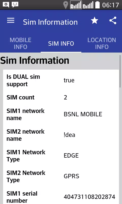 Mobile, SIM and Location Info Screenshots