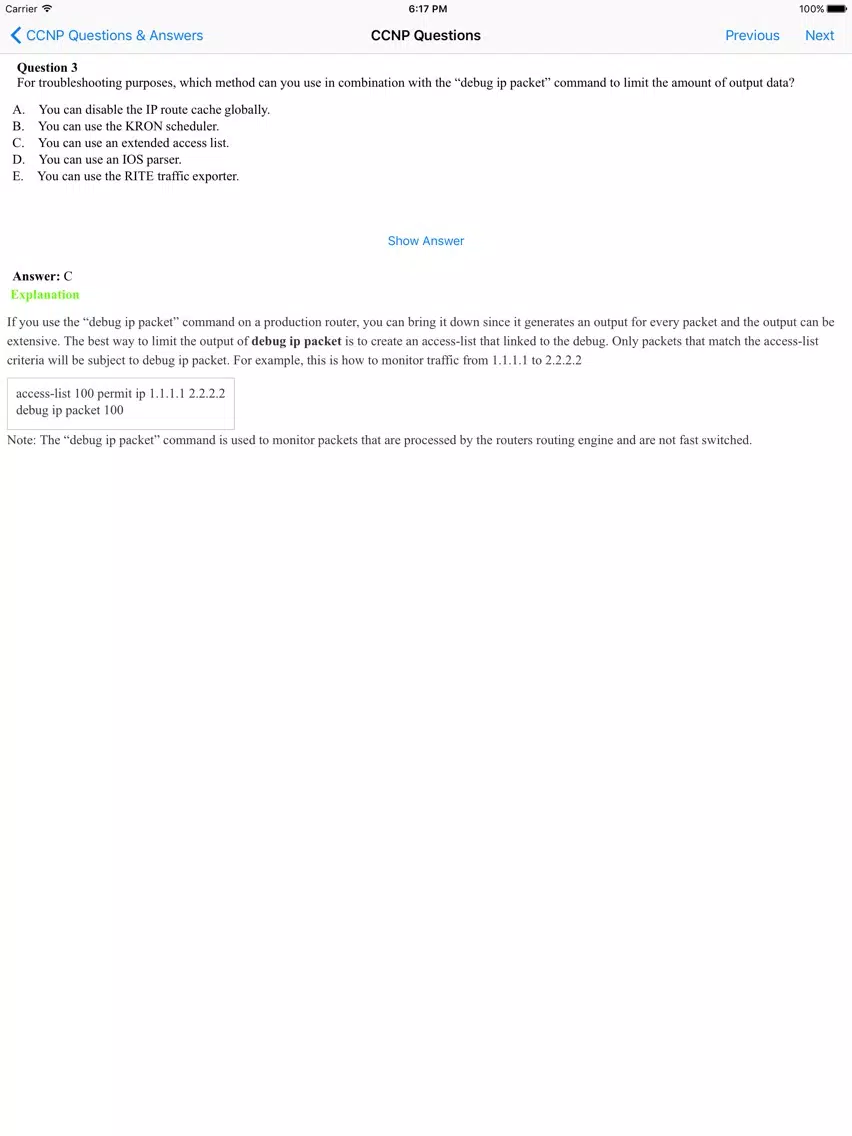 CCNP Question, Answer and Explanation iPad Screenshots