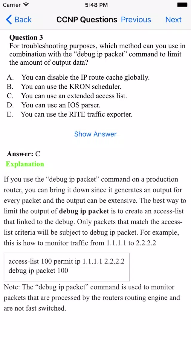 CCNP Question, Answer and Explanation Screenshots