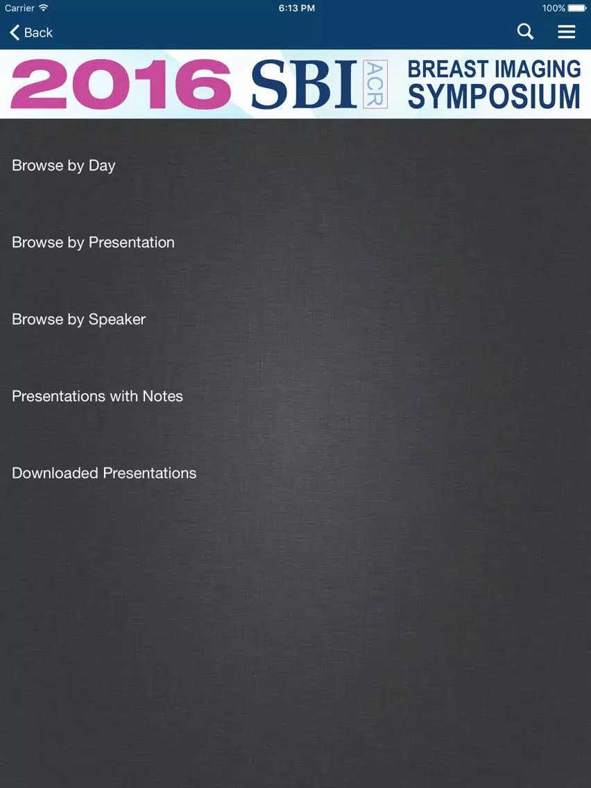 SBI/ACR Symposium 2016 iPad Screenshots