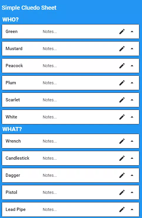 Simple Clue Sheet (Cluedo) Screenshots
