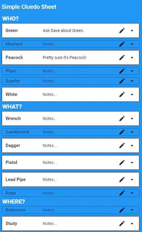 Simple Clue Sheet (Cluedo) Screenshots