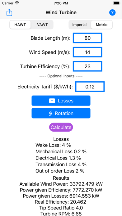 Wind Turbine Calculator Screenshots