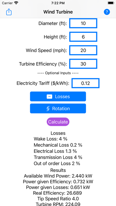 Wind Turbine Calculator Screenshots