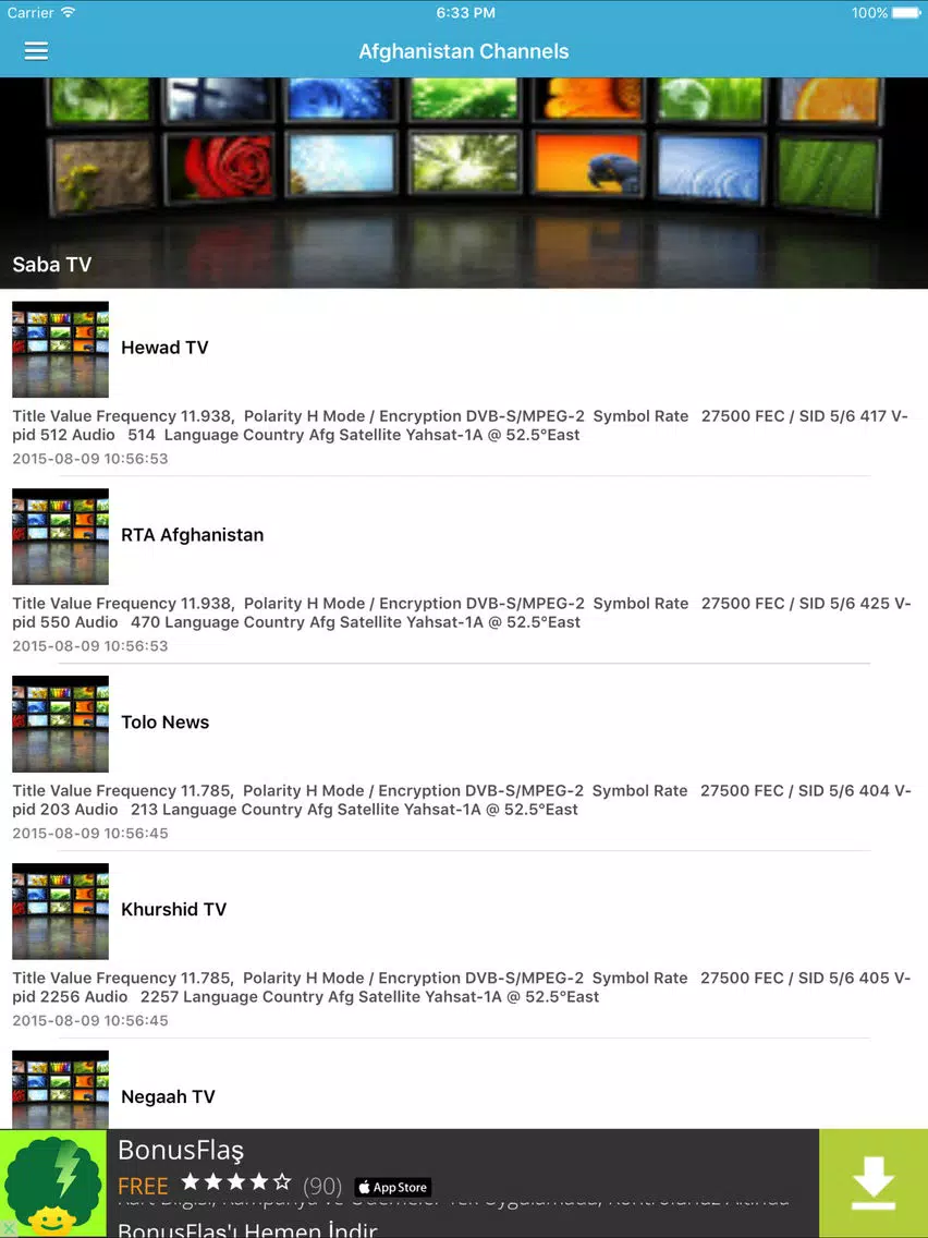 Afghanistan TV Channels Sat Info iPad Screenshots