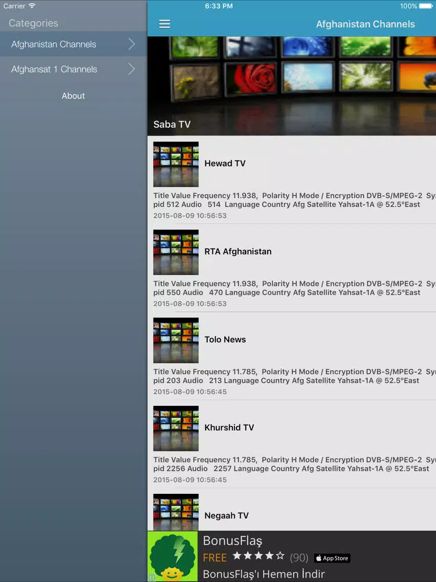 Afghanistan TV Channels Sat Info iPad Screenshots