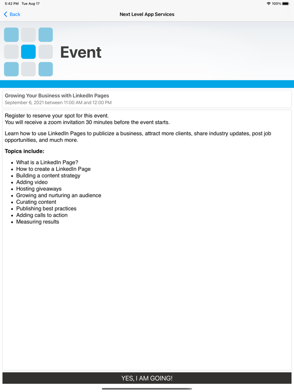 Capturas de tela do Next Level App Services iPad