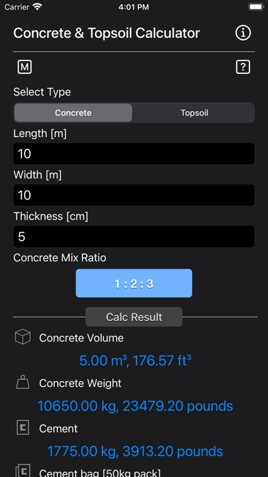 Concrete & Topsoil Calculator Screenshots