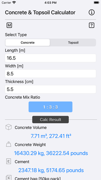 Concrete & Topsoil Calculator Screenshots
