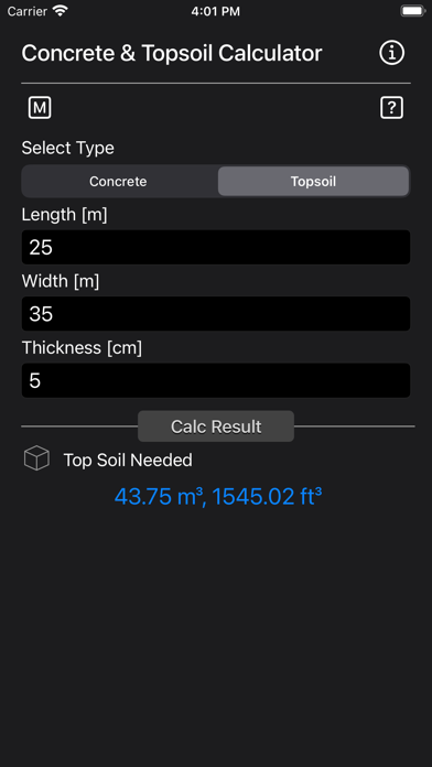 Concrete & Topsoil Calculator Screenshots