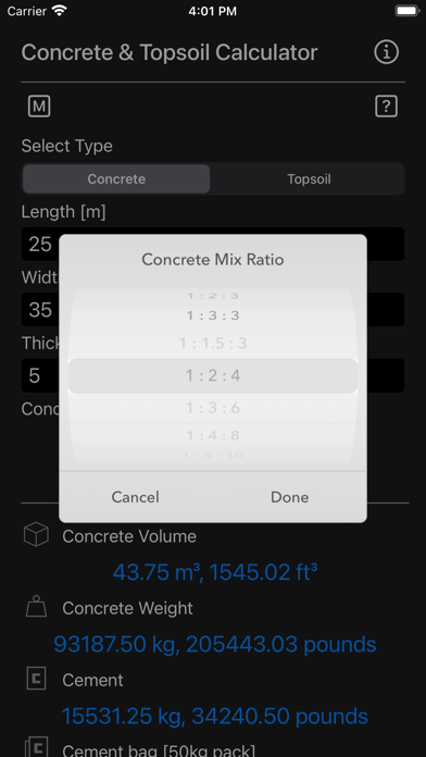 Concrete & Topsoil Calculator Screenshots