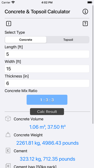 Concrete & Topsoil Calculator Screenshots