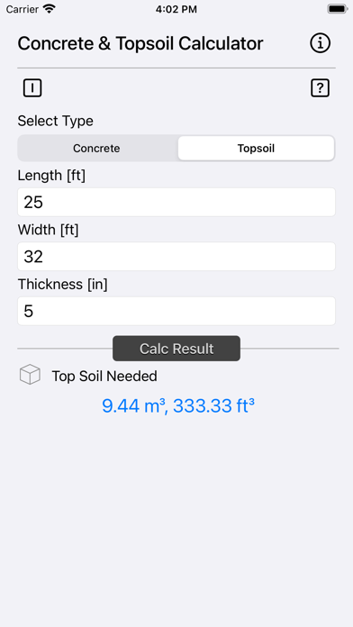 Concrete & Topsoil Calculator Screenshots