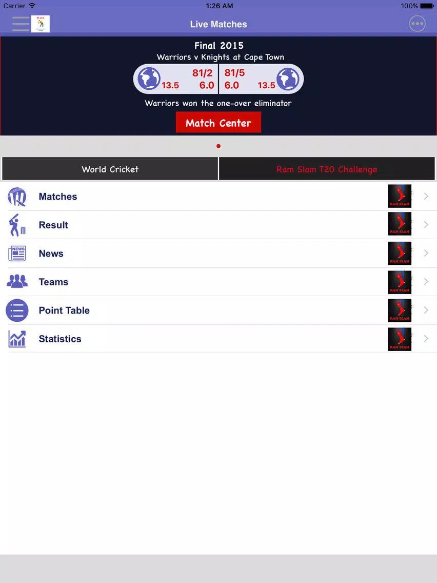 Ram Slam Version T20 - Schedule,Live Score,Today Matches iPad Screenshots