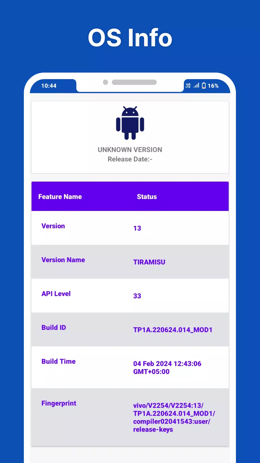 Touch Screen and Device Info Screenshots