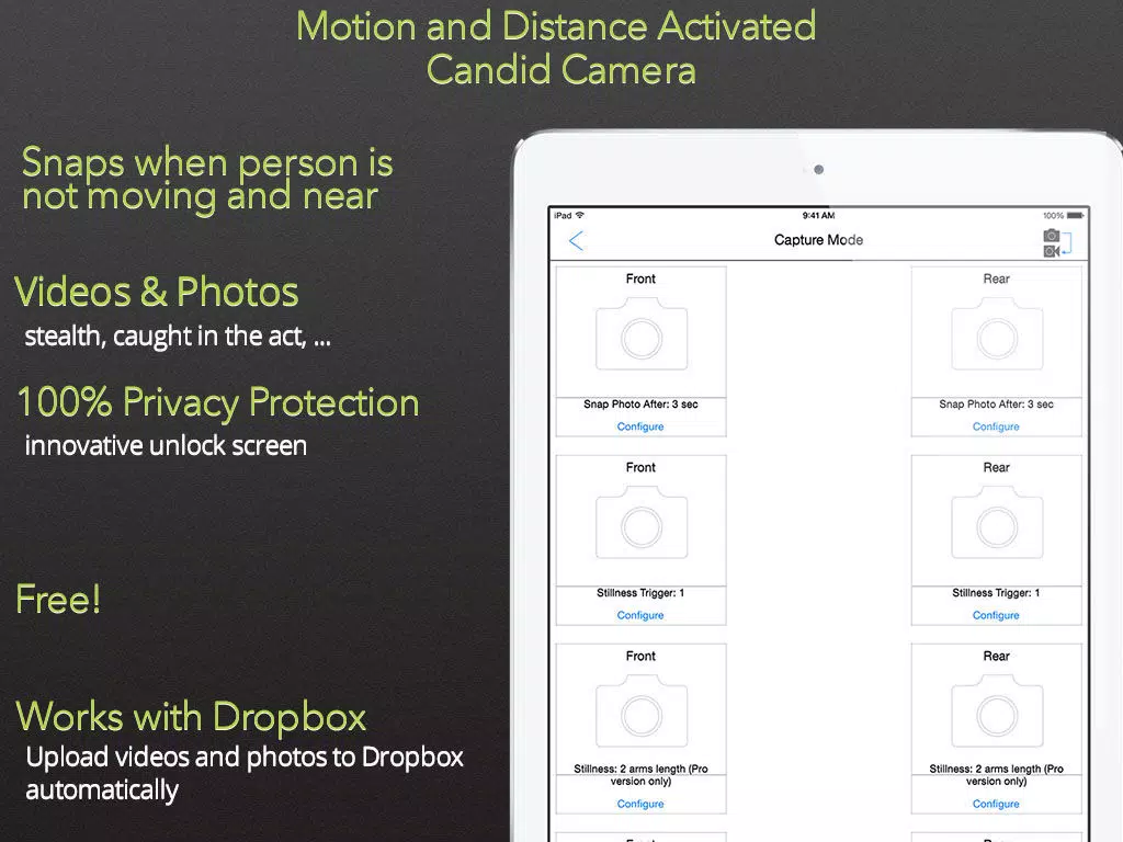 Motion CandidCam+ Lock.down to keep Secret Photo & Video safe using Secure Album Vault with self destruct protect.ion iPad Screenshots