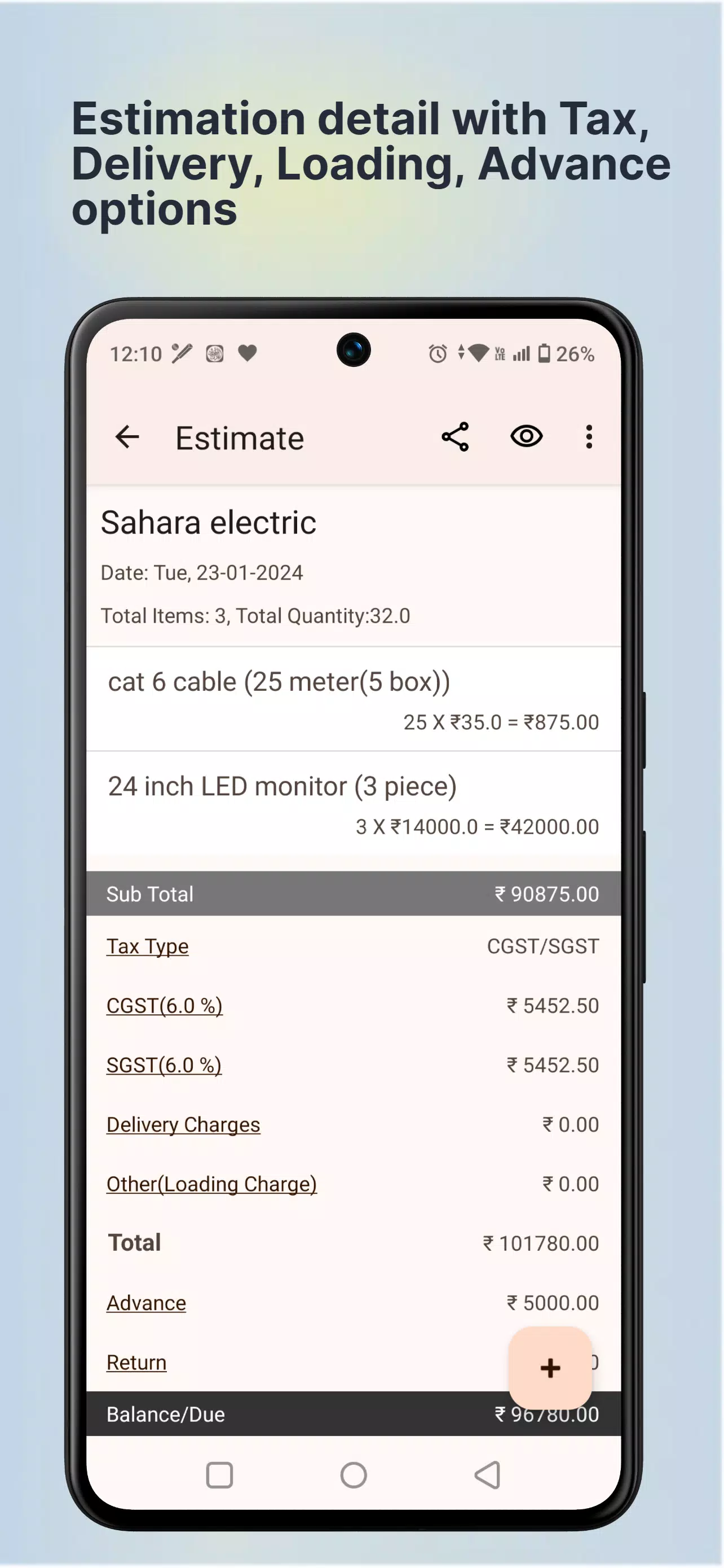 Business Estimates,Estimation Screenshots