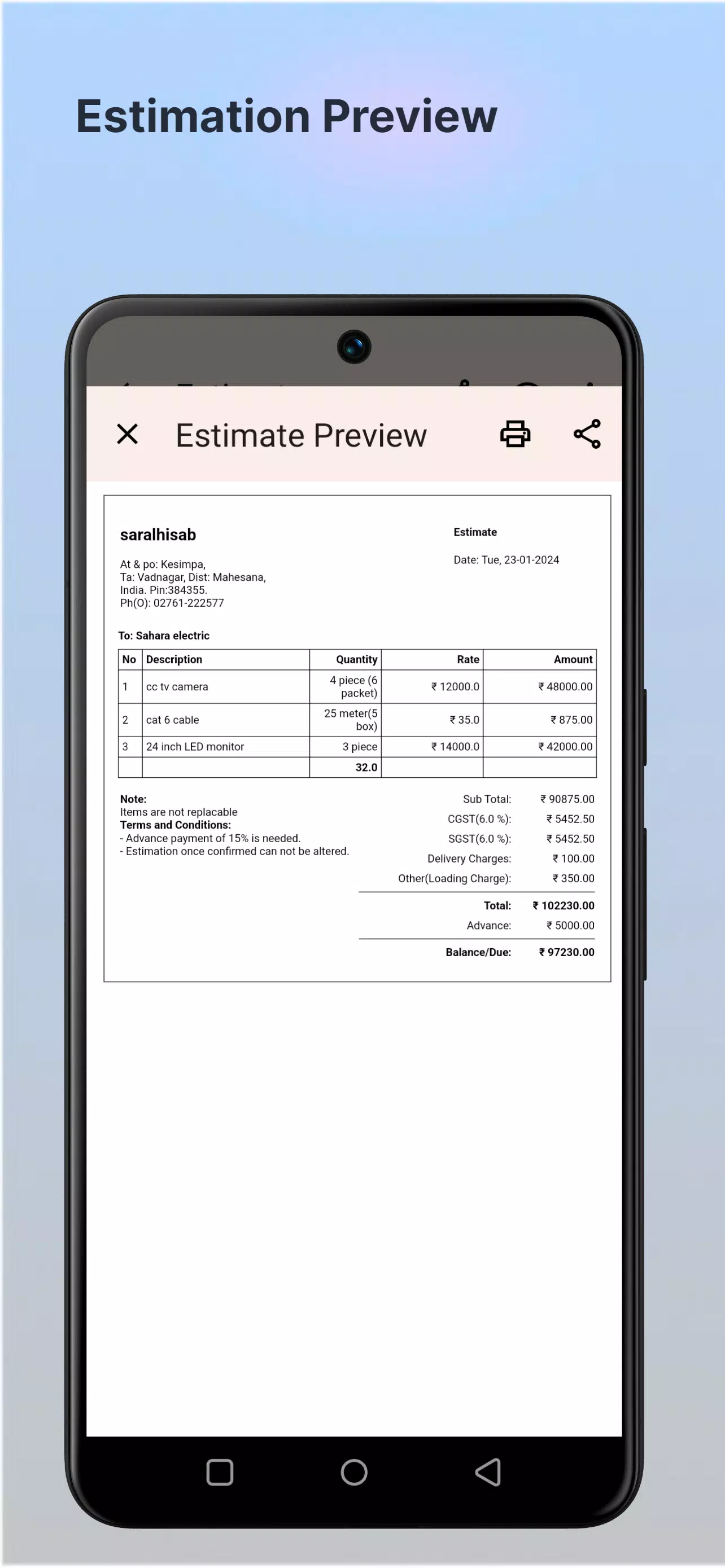 Business Estimates,Estimation Screenshots