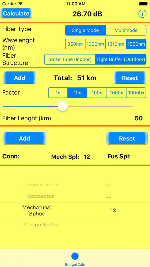 Optical Fiber Loss Budget Screenshots