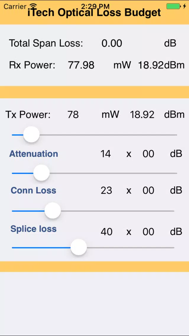 Optical Loss Budget Tool Screenshots