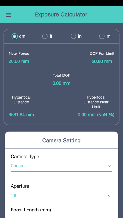Cam Exposure Calculator Screenshots