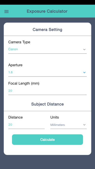 Cam Exposure Calculator Screenshots