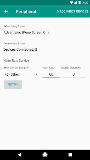 Zrzuty ekranu BLE Peripheral Simulator