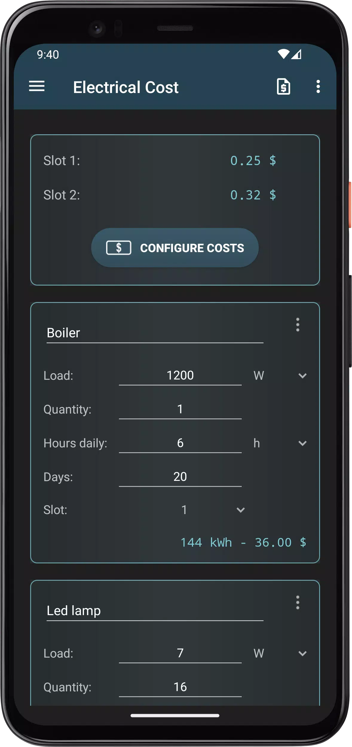 Electrical Cost Screenshots