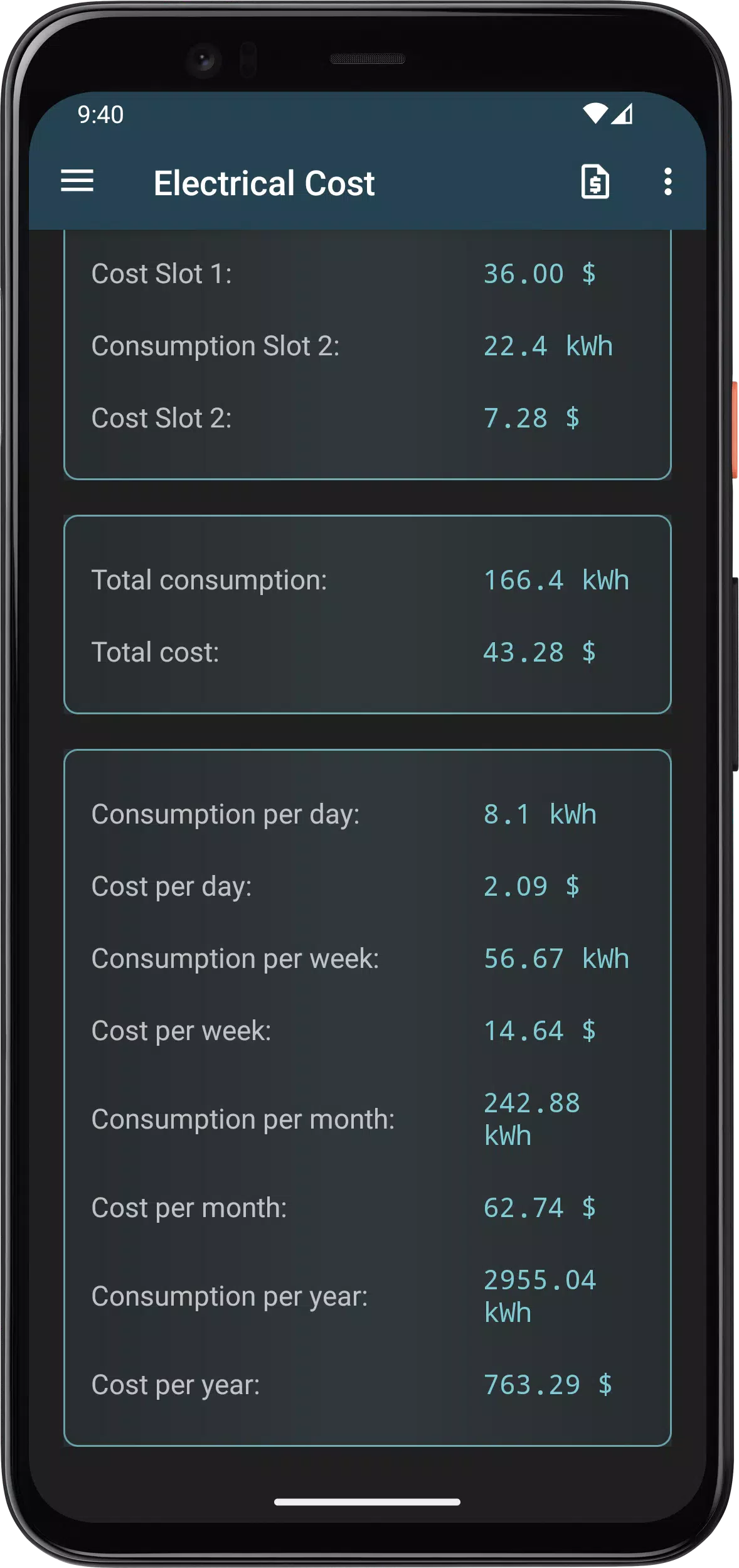 Electrical Cost Screenshots
