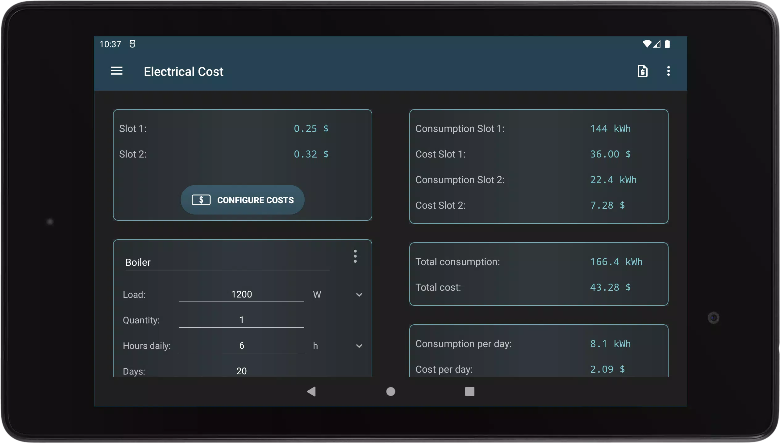 Electrical Cost Screenshots