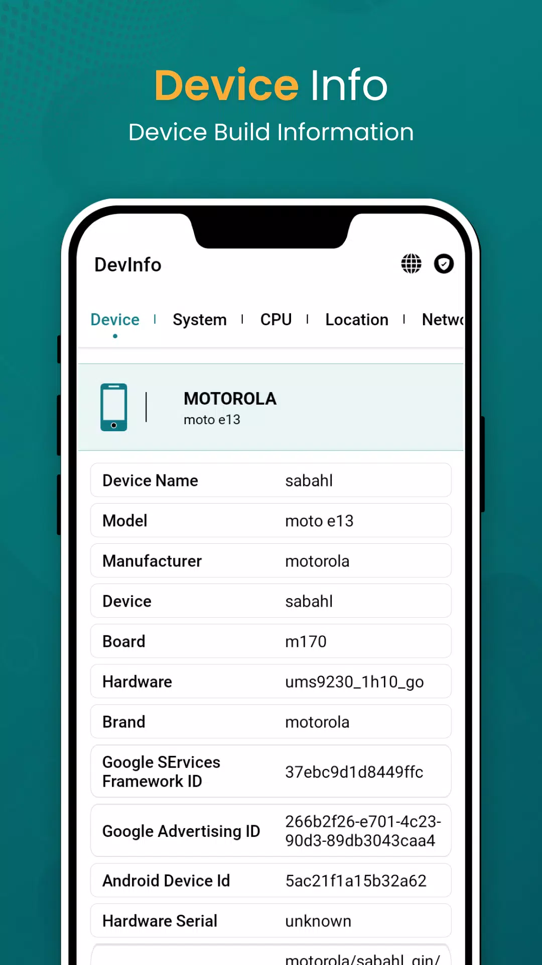Device Info View: Phone Info Screenshots