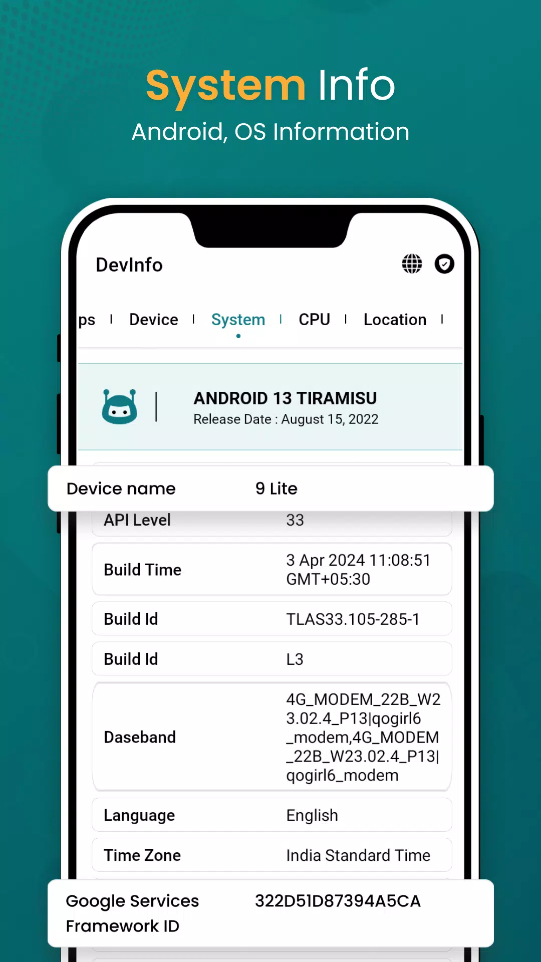 Device Info View: Phone Info Screenshots