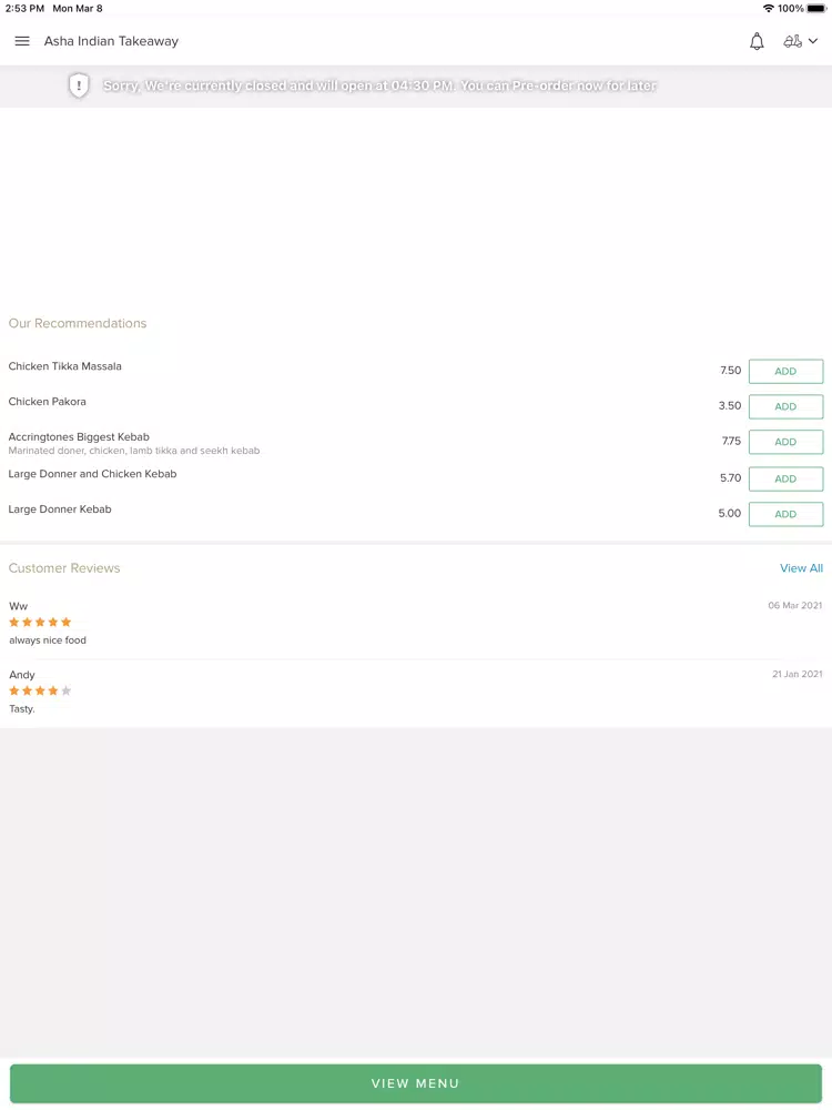 Asha Indian Takeaway. iPad Screenshots