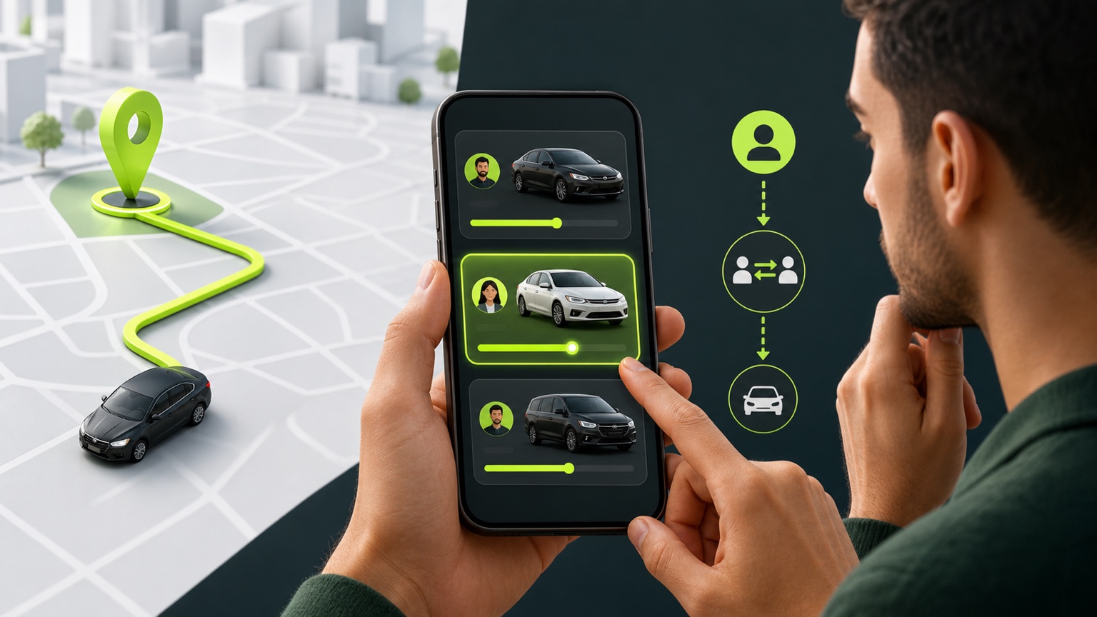 A passenger comparing several driver and vehicle offers before choosing a ride