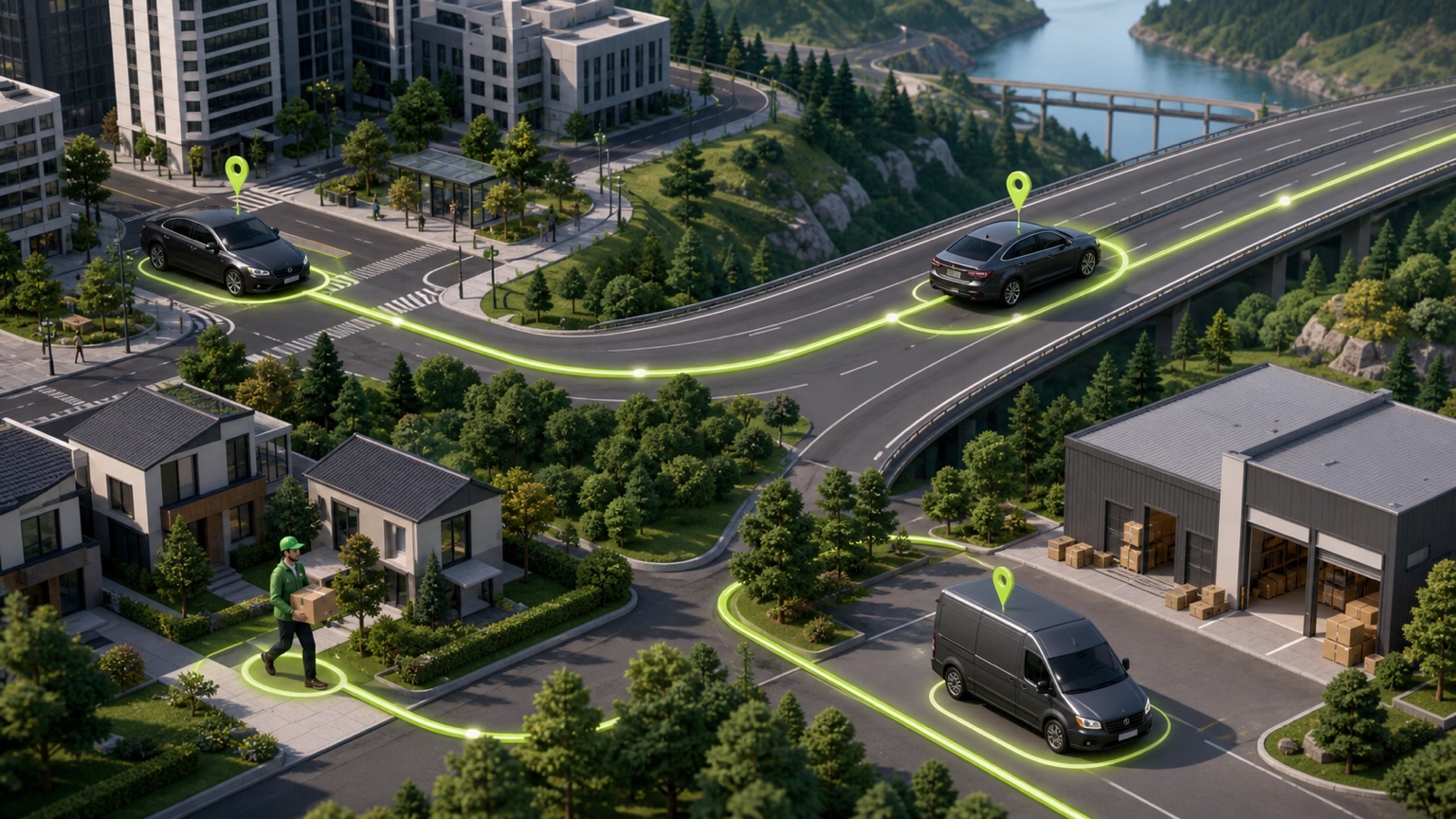 City rides, an intercity route, a courier, and a freight van connected on one map