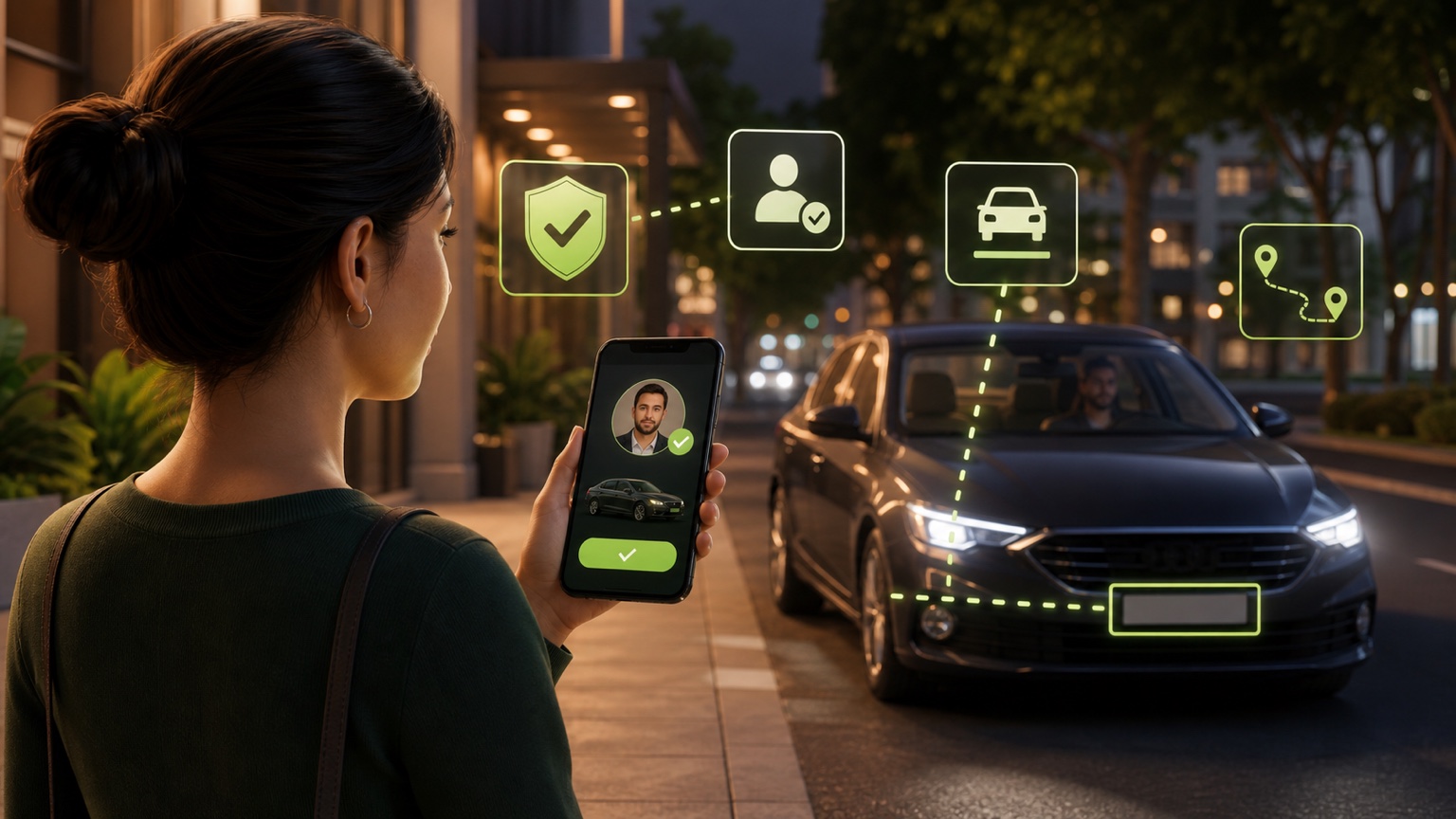 A passenger checking the driver profile, vehicle, plate, and shared route before a ride