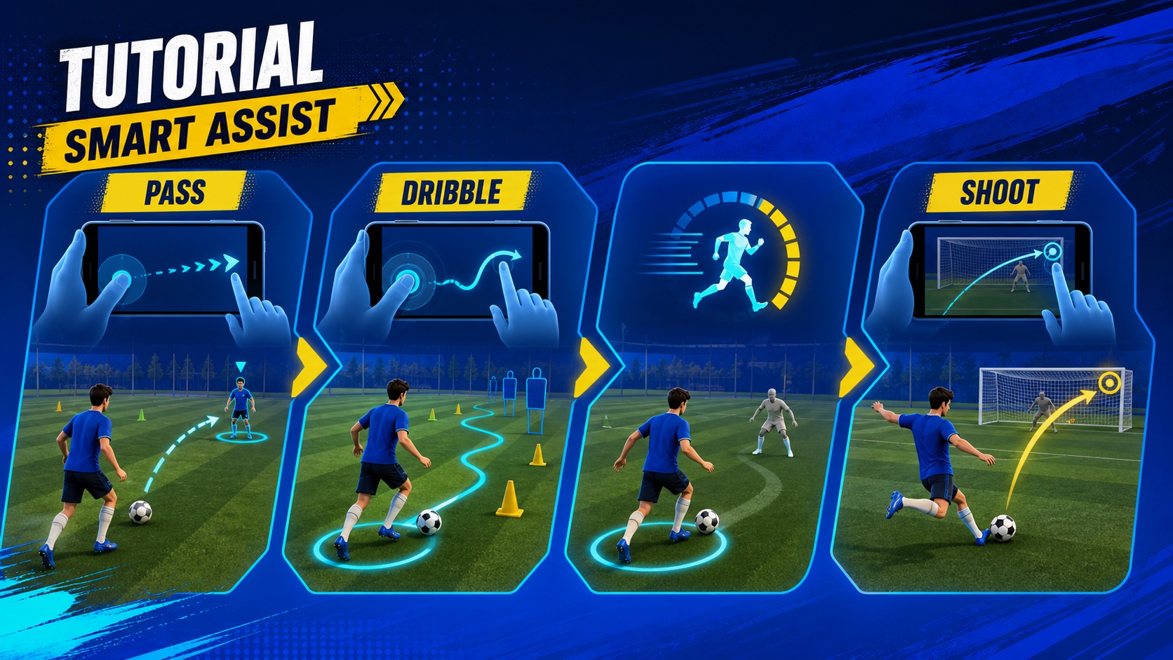 A mobile football training ground showing a progression from guided controls to manual dribbling, passing, and shooting