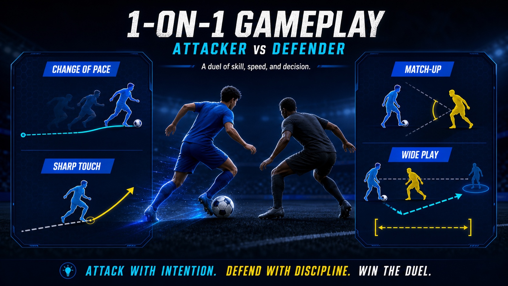 Two original football players in a one-on-one duel with visual paths for dribbling, match-up defending, and wide play