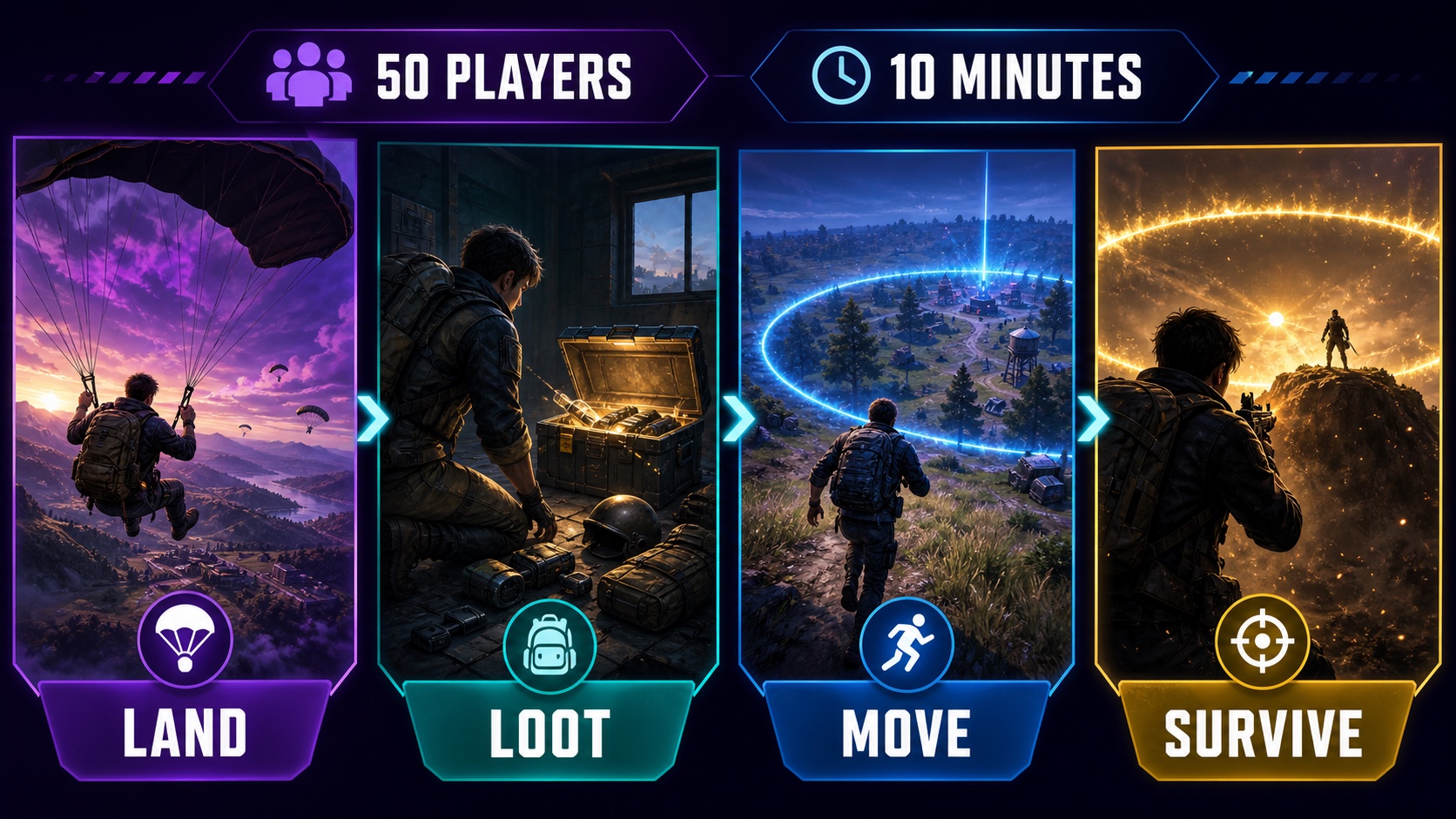 A six-step editorial flow showing a 50-player battle royale compressed into a 10-minute match
