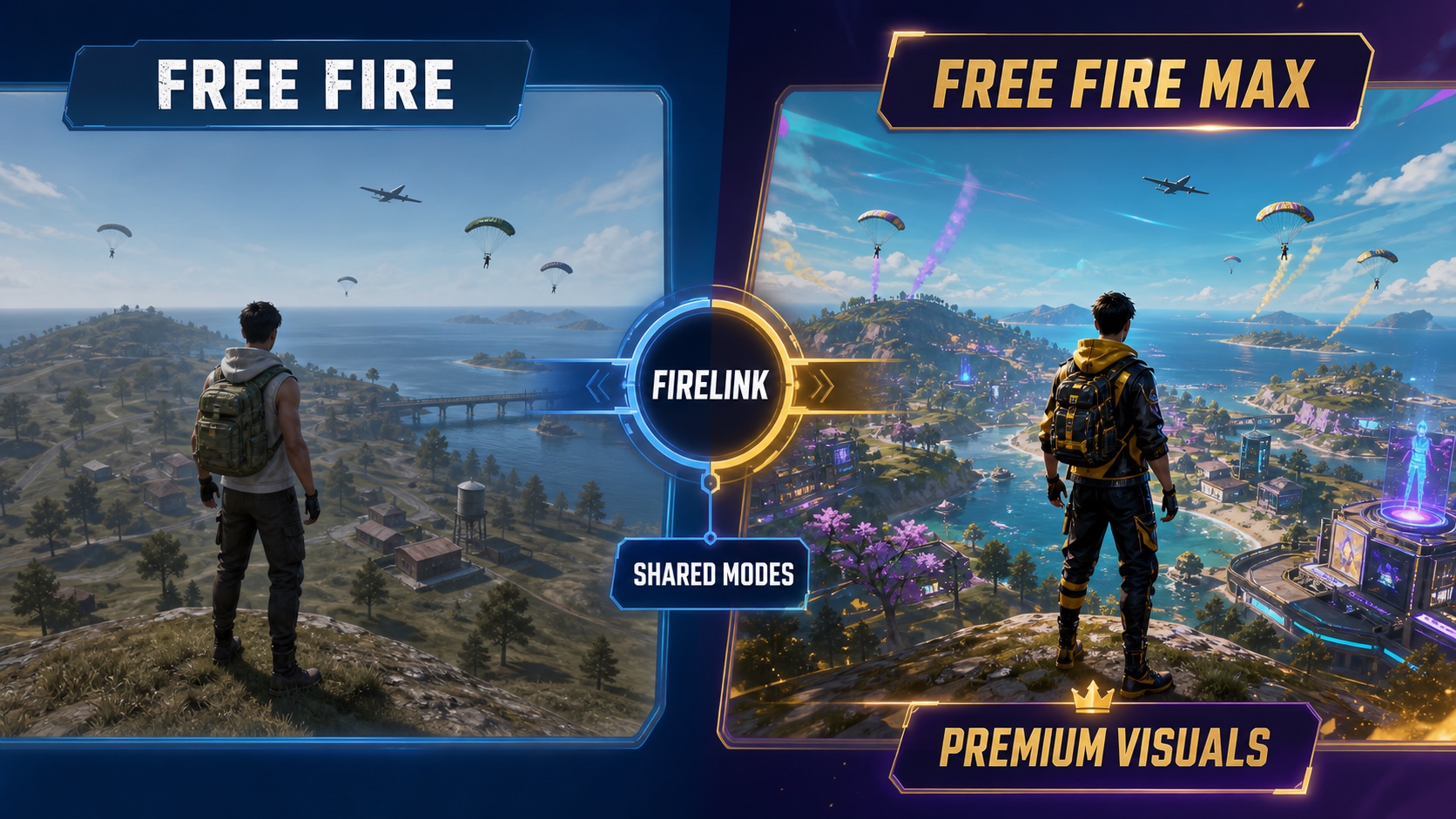 A comparison between standard Free Fire presentation and Free Fire MAX premium visuals connected by Firelink