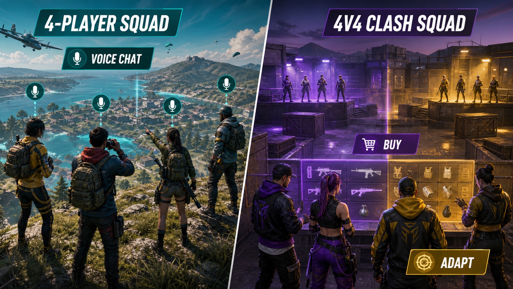 A split comparison of four-player battle-royale voice coordination and the 4v4 Clash Squad economy mode
