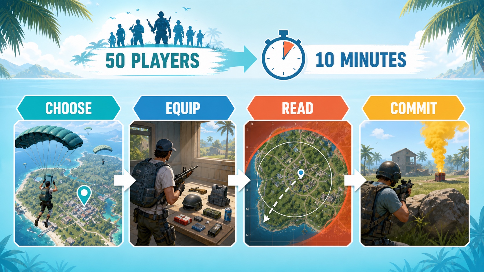A bright mobile battle-royale flow showing a 50-player session compressed into about 10 minutes
