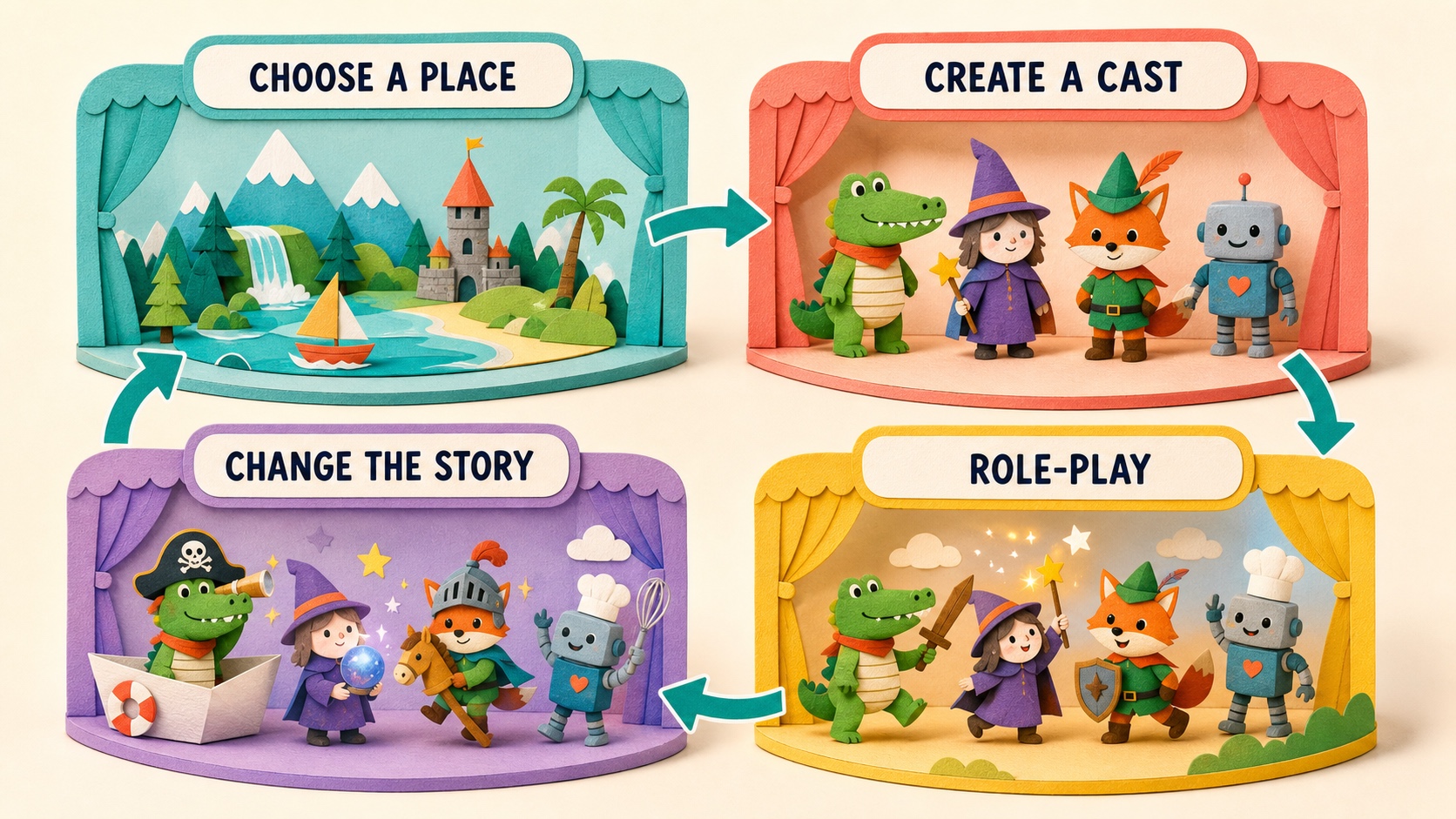 A four-stage open-ended story loop from choosing a place and cast to role-play and revision