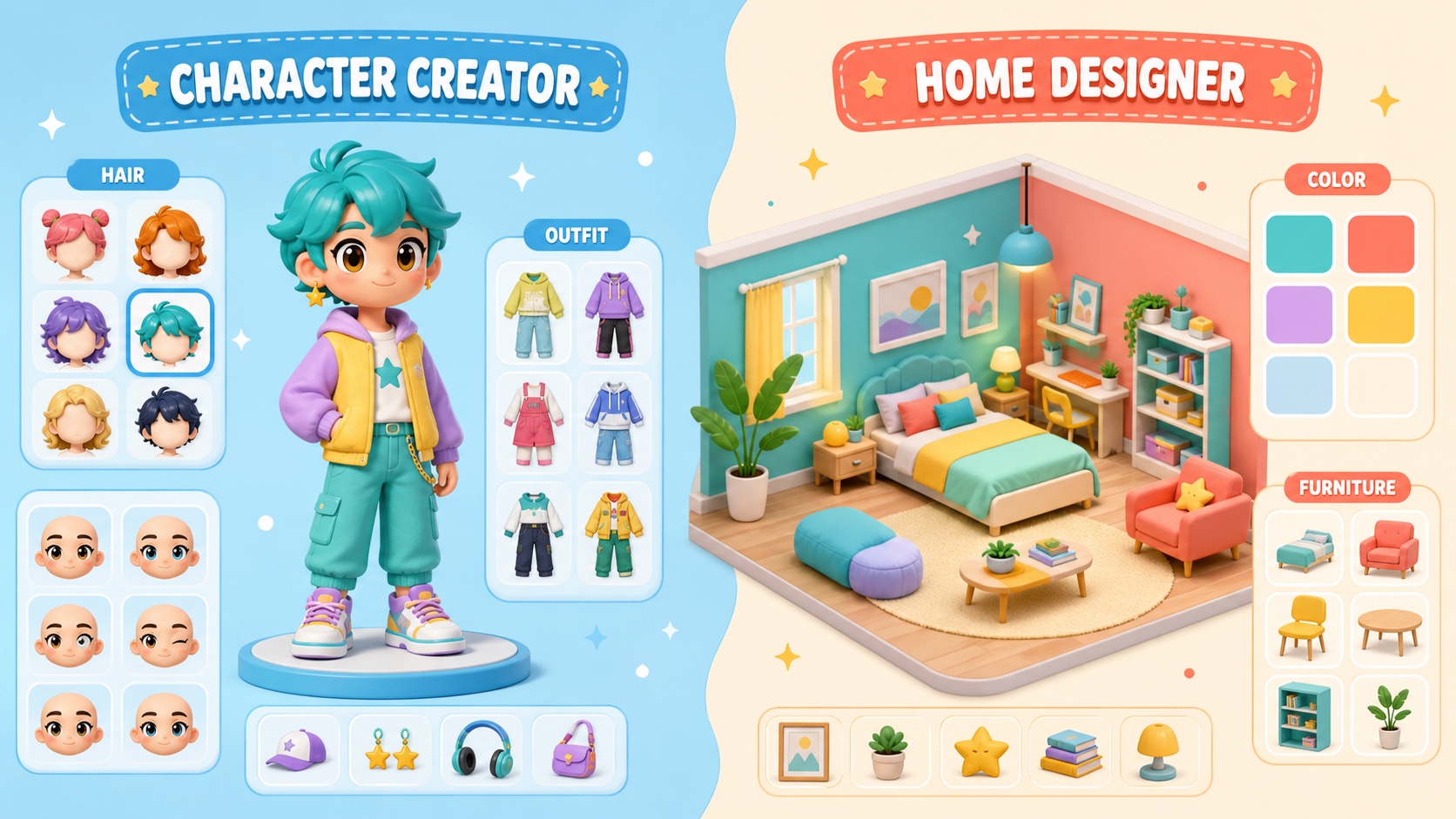 A split design board for original character creation and home decoration