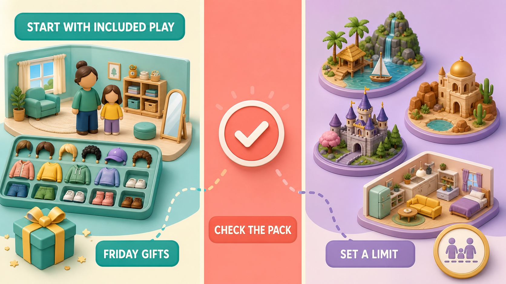 A family decision framework balancing included creative play, Friday gifts, optional pack review, and a spending limit