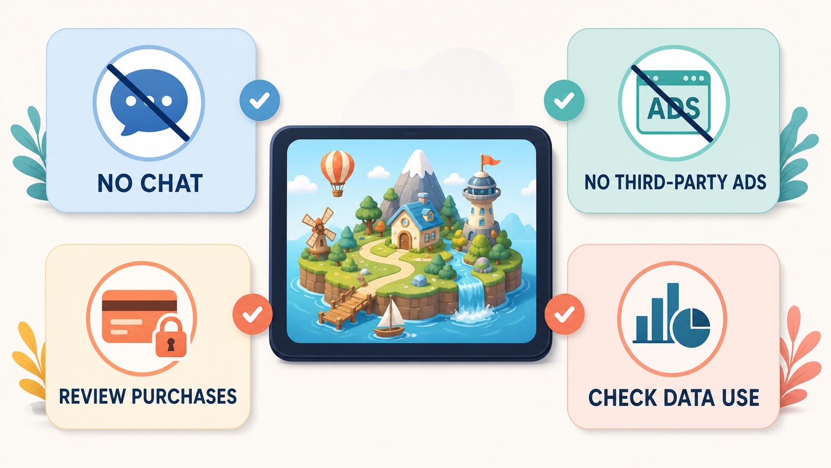 A parent checklist separating no chat, no third-party ads, purchase review, and data-use review