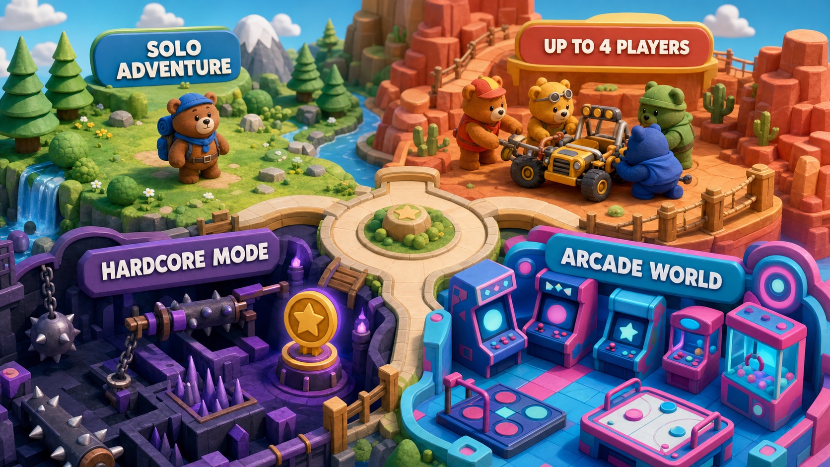 A mode map separating solo adventure, four-player cooperation, Hardcore Mode, and the arcade