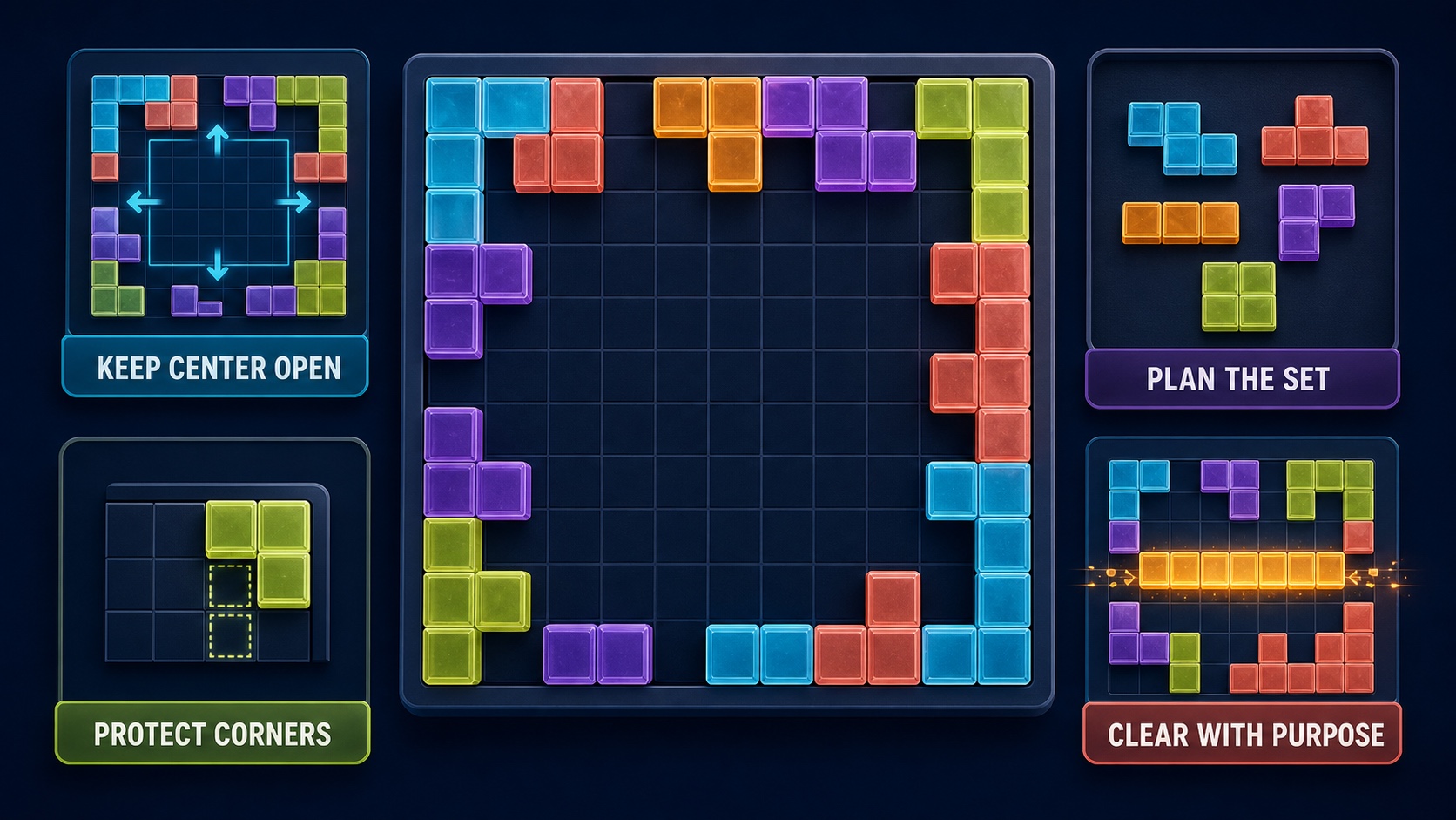 An original block-puzzle strategy board showing how to protect flexible space and plan the full set