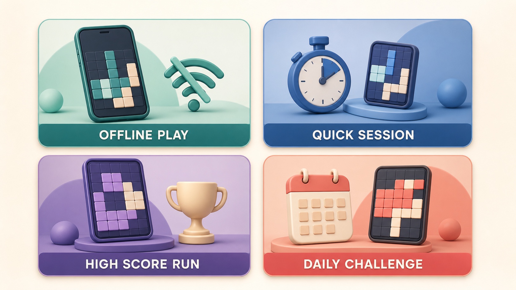 A session-choice map comparing offline play, quick sessions, high-score runs, and daily challenges