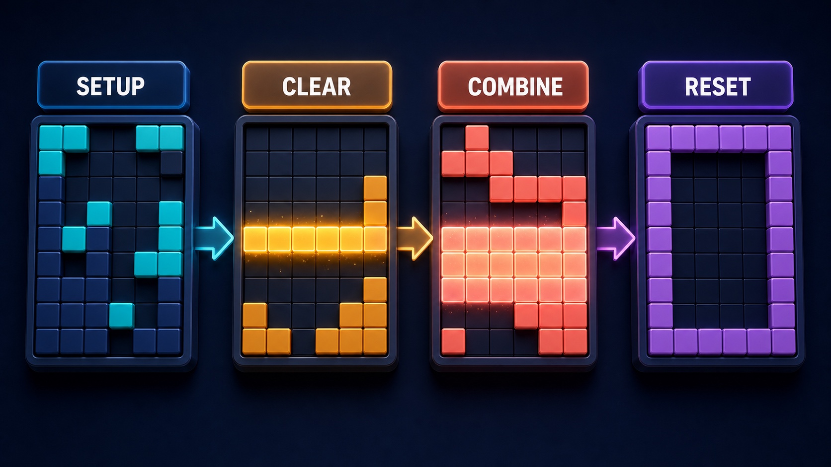 A four-stage scoring rhythm for setting up space, clearing lines, making a combination, and resetting the board